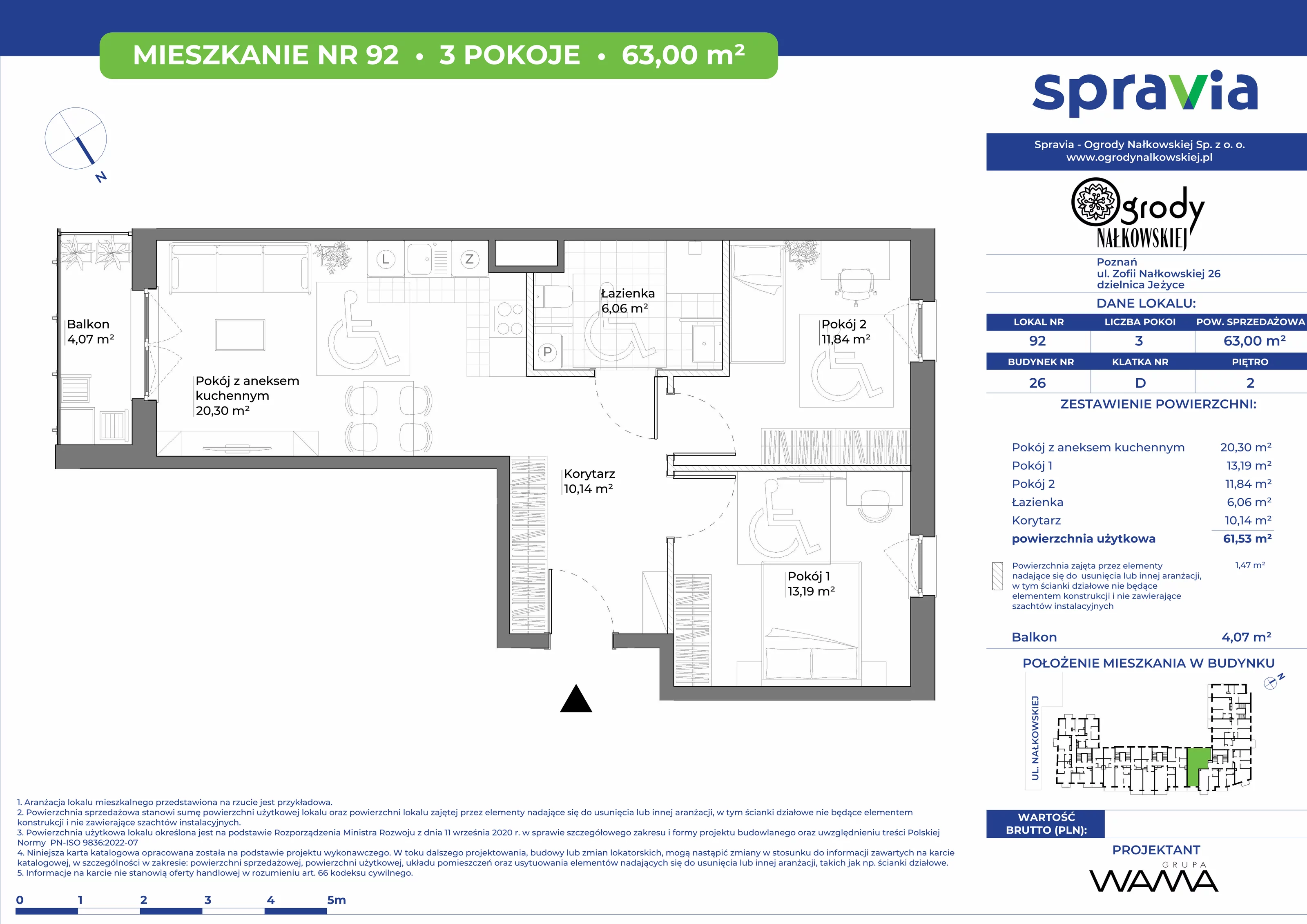 3 pokoje, mieszkanie 63,00 m², piętro 2, oferta nr 26-92, Ogrody Nałkowskiej, Poznań, Ogrody, ul. Nałkowskiej 24, 26